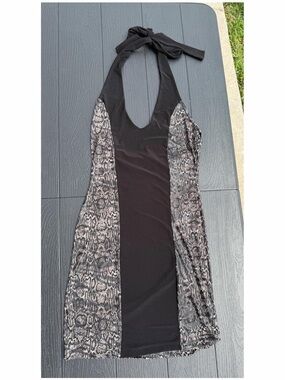 Vintage Y2K Black Halter Dress with Snake Print Side Panels
